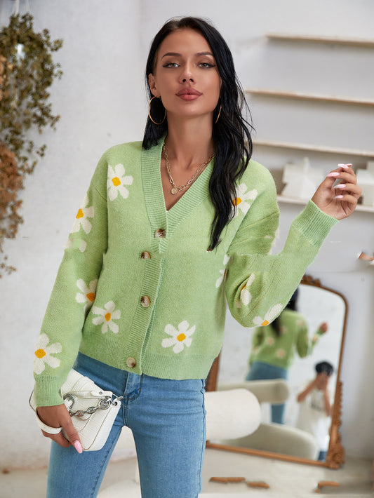 Cardigan Top à Petites Marguerites Vert - Clearsify