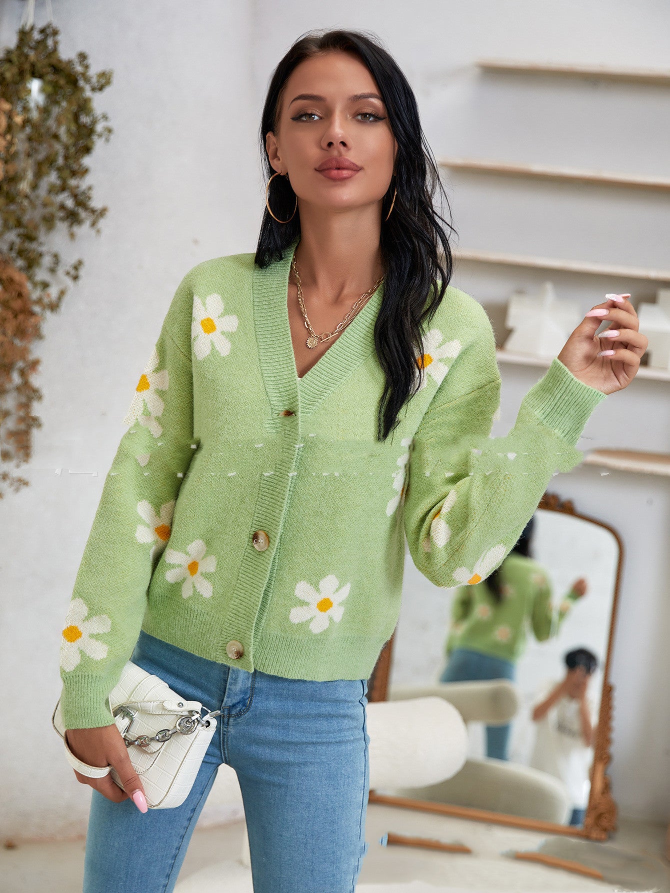 Cardigan Top à Petites Marguerites Vert - Clearsify