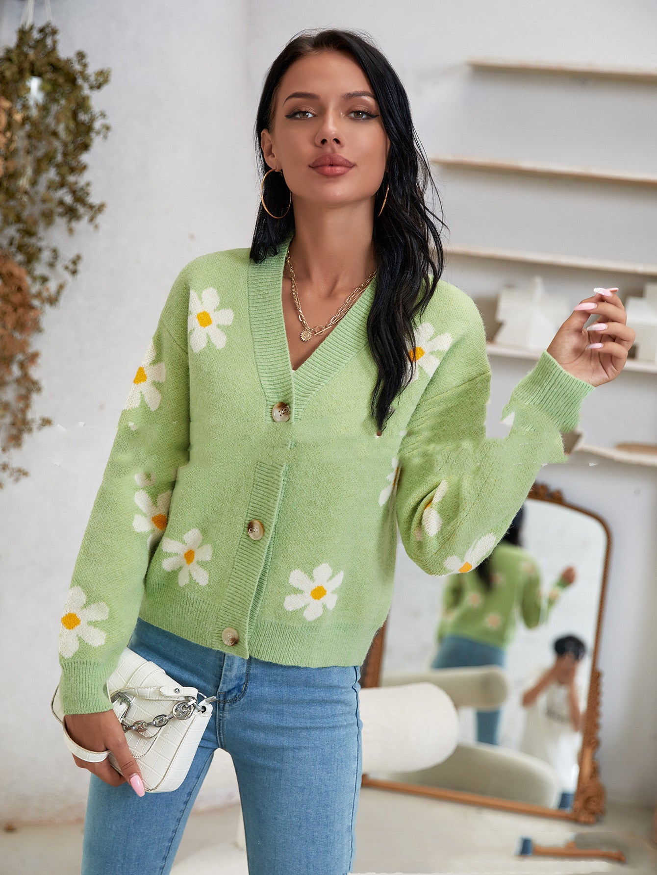 Cardigan Top à Petites Marguerites Vert - Clearsify