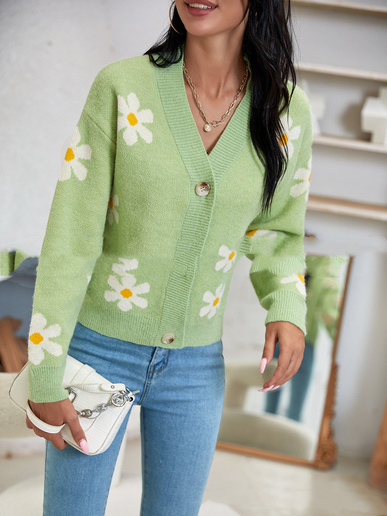 Cardigan Top à Petites Marguerites Vert - Clearsify